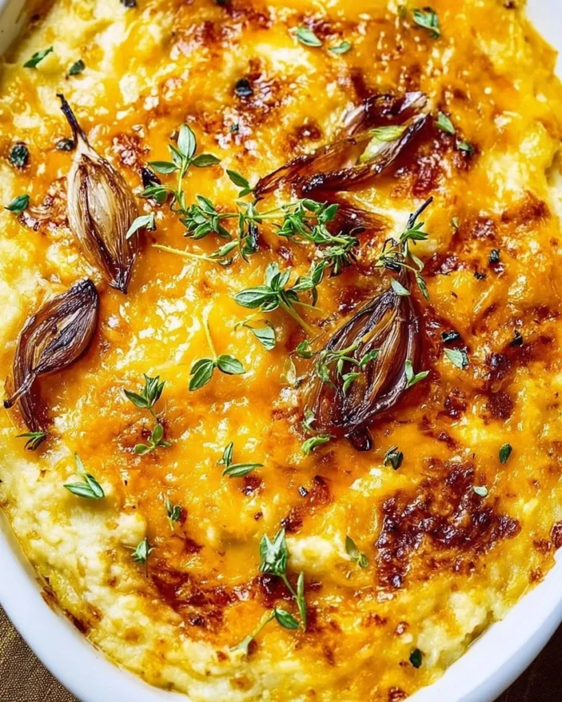 Bowl of creamy cheesy mashed cauliflower topped with herbs