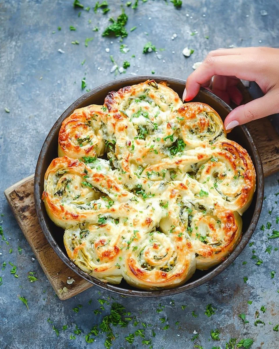 Cheesy spinach and artichoke pinwheels on a platter, ready to serve