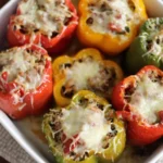 Cheesy Wild Rice Stuffed Peppers on a plate, garnished with herbs.