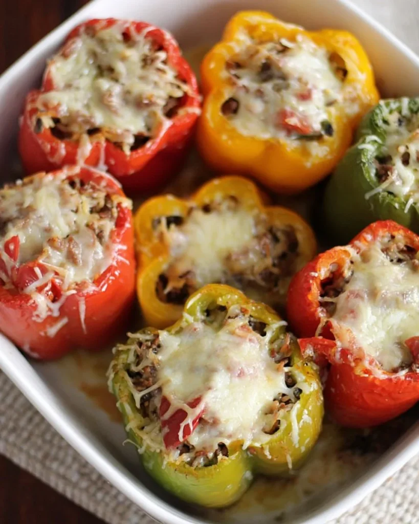 Cheesy Wild Rice Stuffed Peppers on a plate, garnished with herbs.