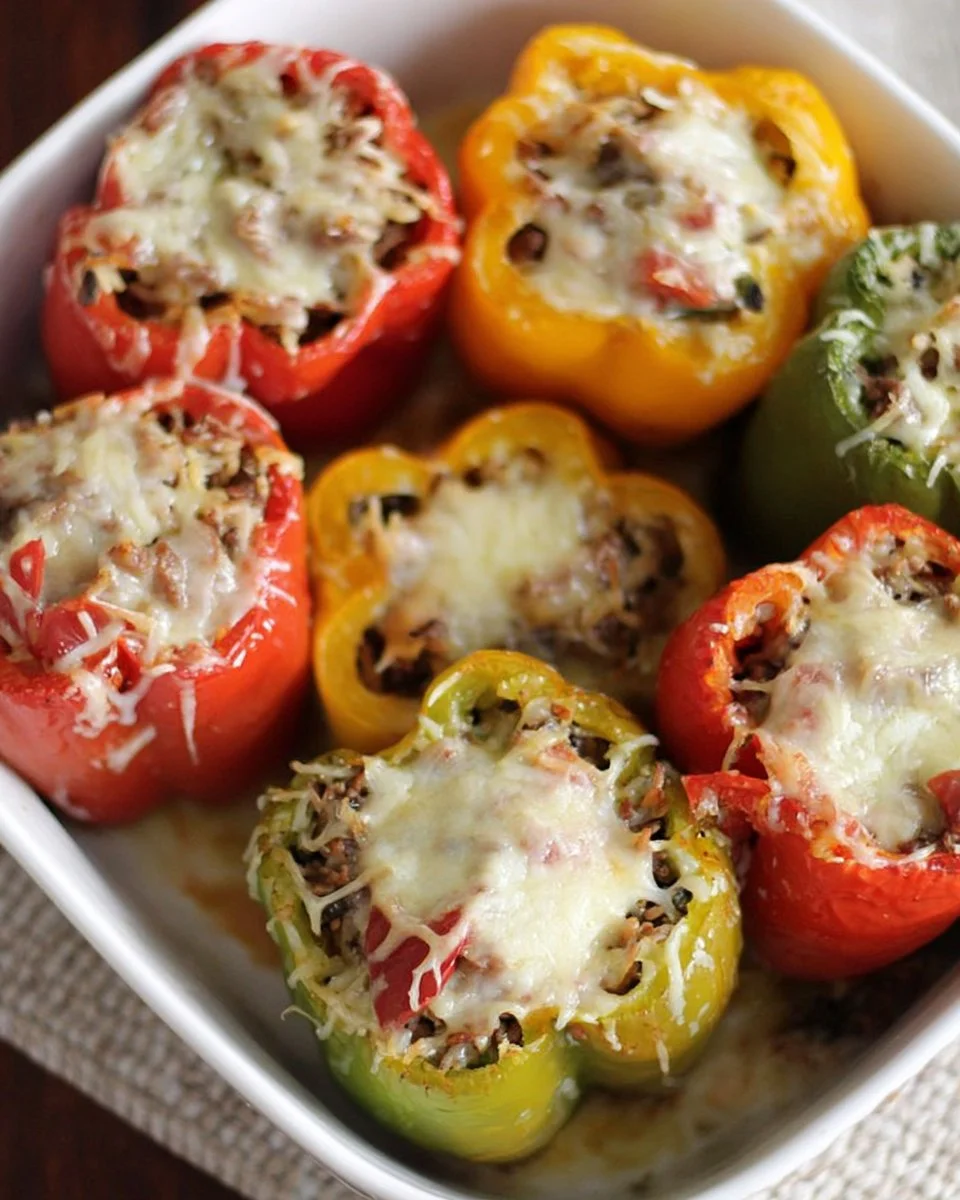 Cheesy Wild Rice Stuffed Peppers on a plate, garnished with herbs.