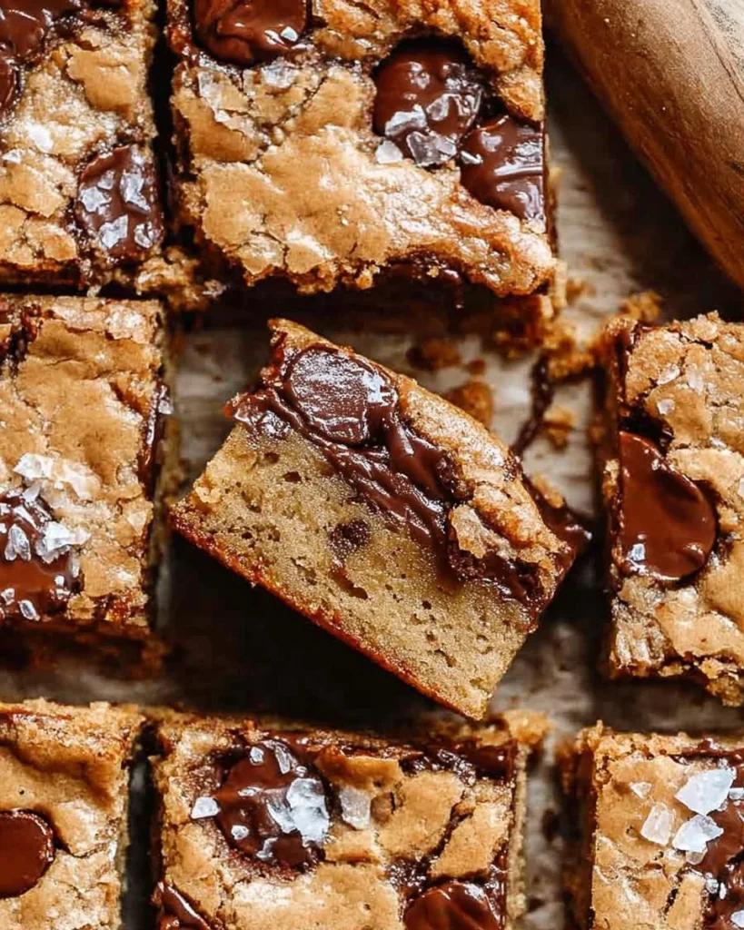 Chewy brown butter blondies with melted chocolate chips on a baking tray.