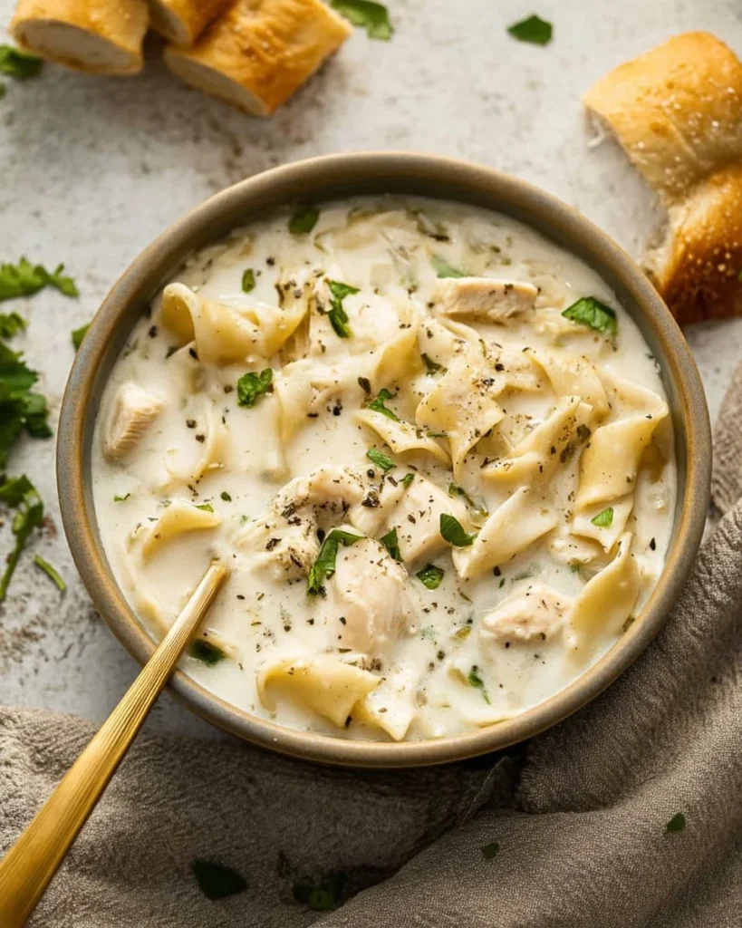 Creamy Chicken Alfredo Soup served in a bowl with herbs on top