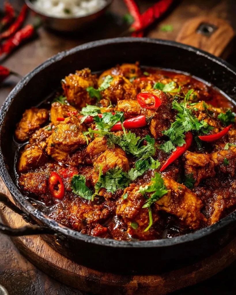 A plate of Chicken Bhuna, showcasing its rich spices and vibrant colors.