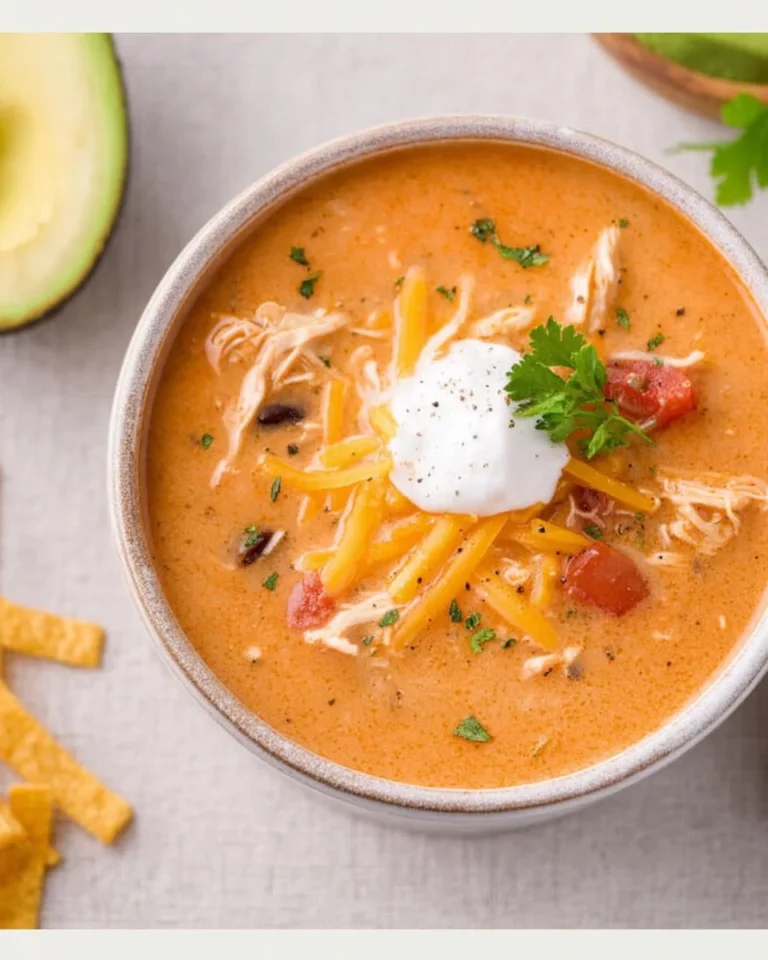 Bowl of flavorful Chicken Enchilada Soup topped with cheese and cilantro