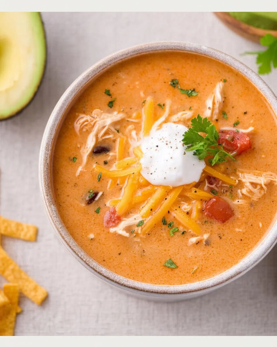 Bowl of flavorful Chicken Enchilada Soup topped with cheese and cilantro