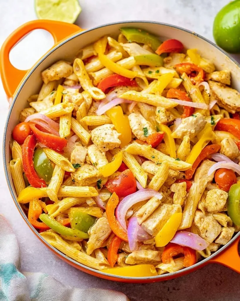Delicious Chicken Fajita Pasta served in a bowl with colorful peppers and cheese