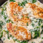 Plate of Chicken Florentine with spinach and creamy sauce