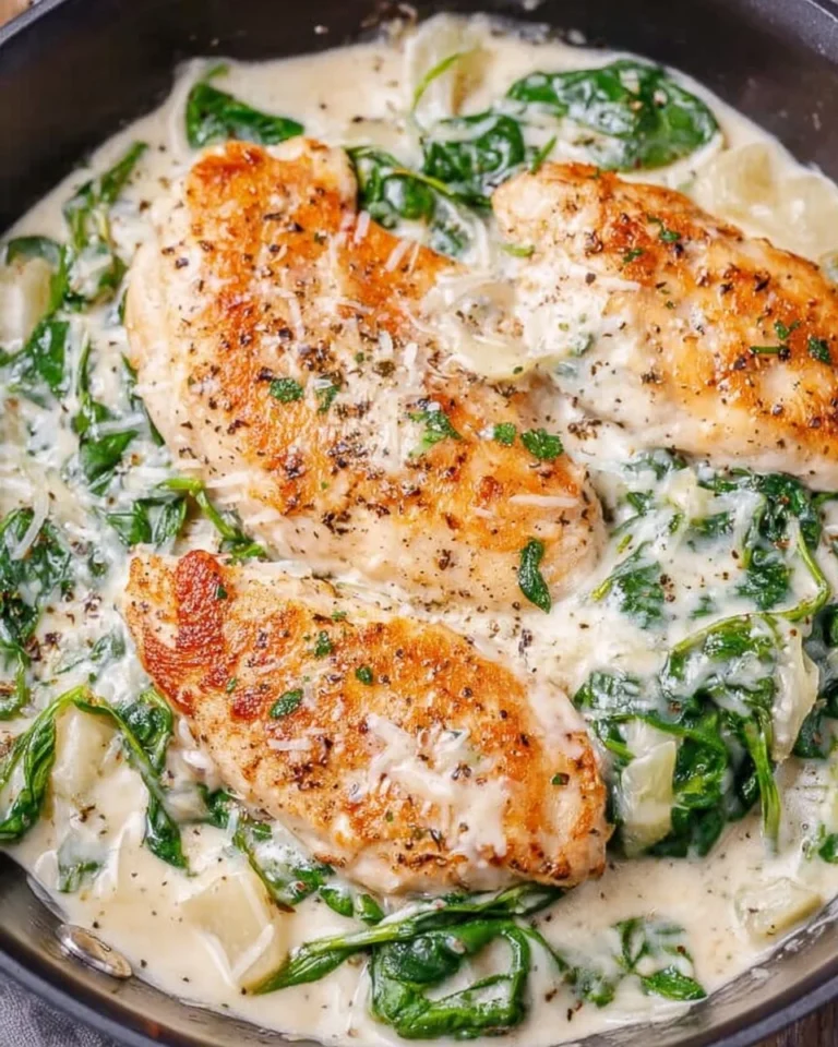 Plate of Chicken Florentine with spinach and creamy sauce
