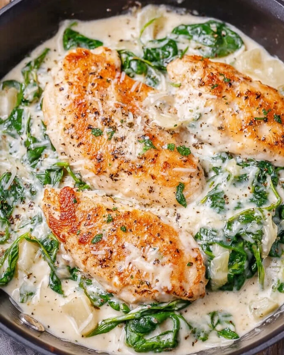 Plate of Chicken Florentine with spinach and creamy sauce
