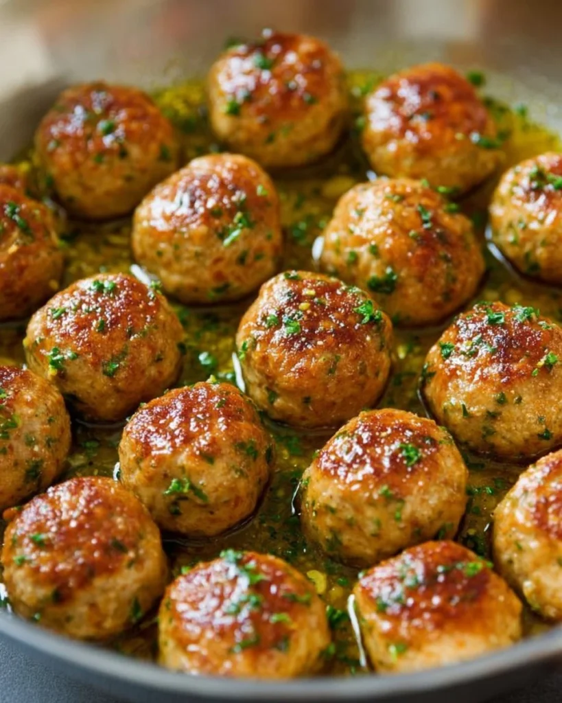 Juicy chicken meatballs served with marinara sauce and herbs