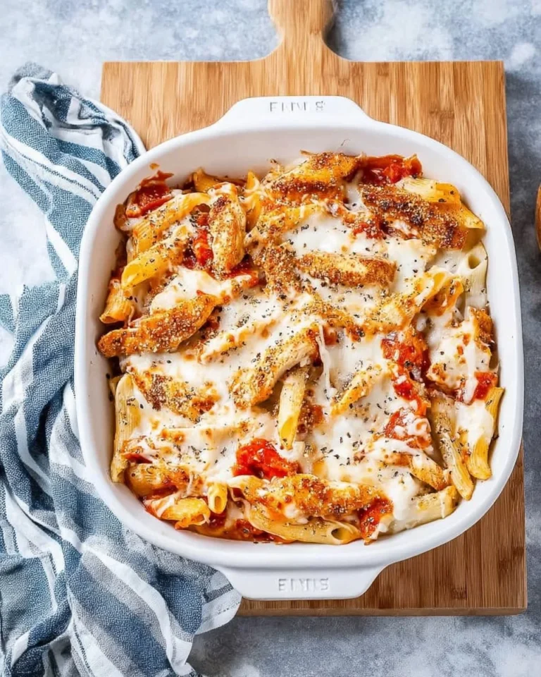 A delicious Chicken Parmesan Casserole topped with melted cheese and herbs.