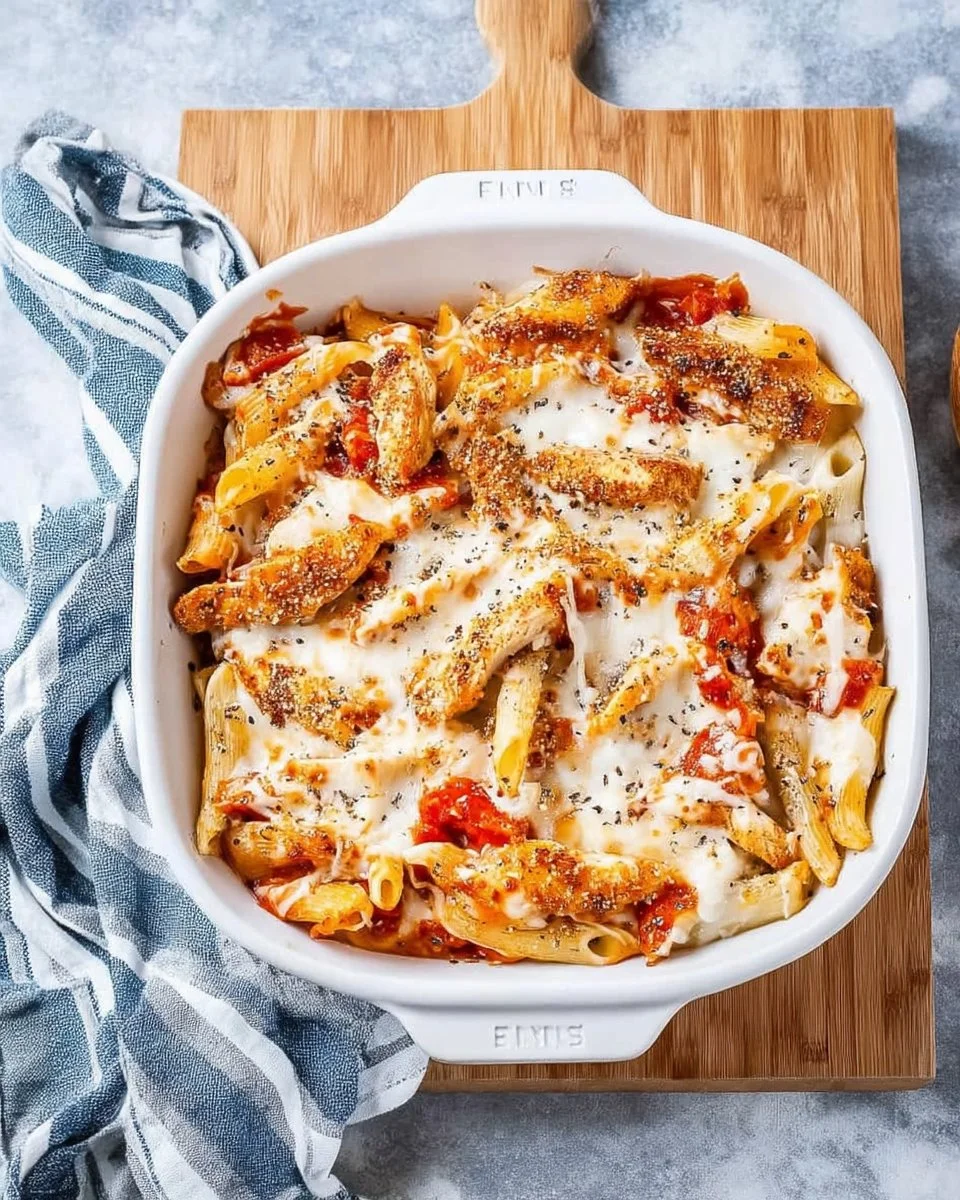 A delicious Chicken Parmesan Casserole topped with melted cheese and herbs.