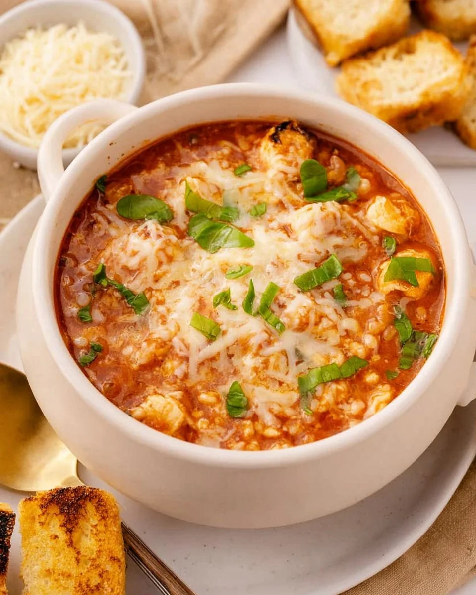 Bowl of Chicken Parmesan Soup topped with cheese and fresh herbs