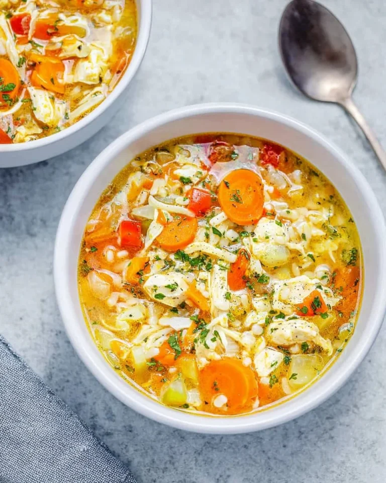 Bowl of Chicken Pastina Soup with vegetables and herbs
