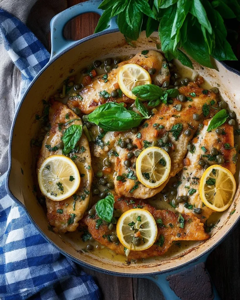 Delicious Chicken Piccata served with lemon and capers on a plate.