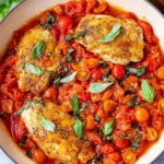 Juicy Chicken Pomodoro with fresh tomatoes and herbs on a white plate