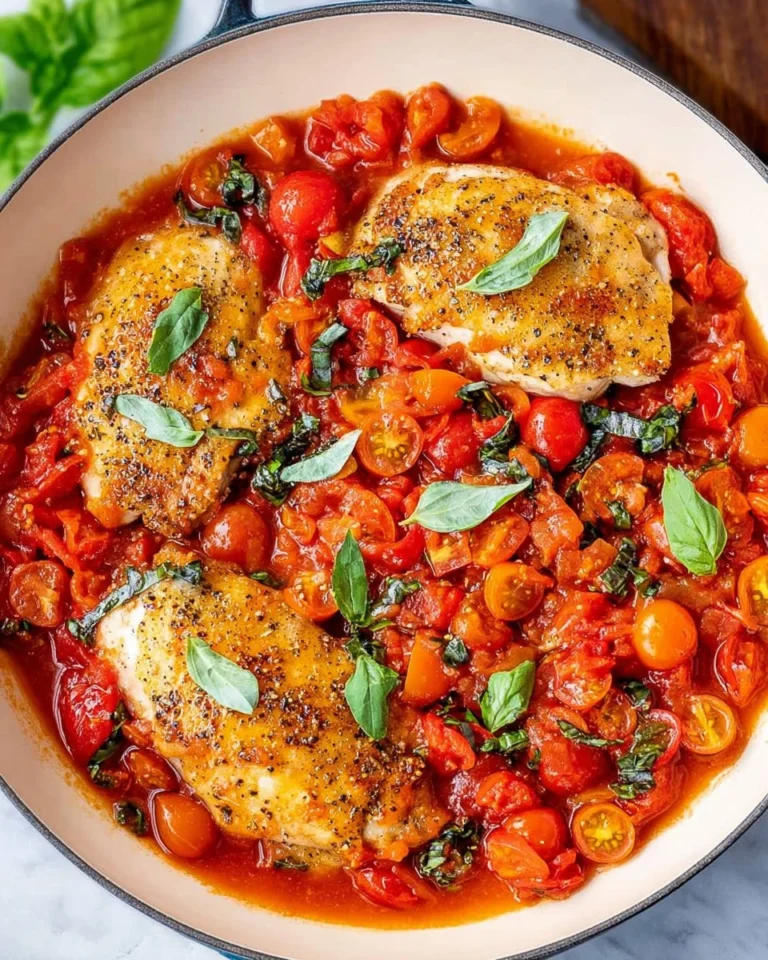 Juicy Chicken Pomodoro with fresh tomatoes and herbs on a white plate