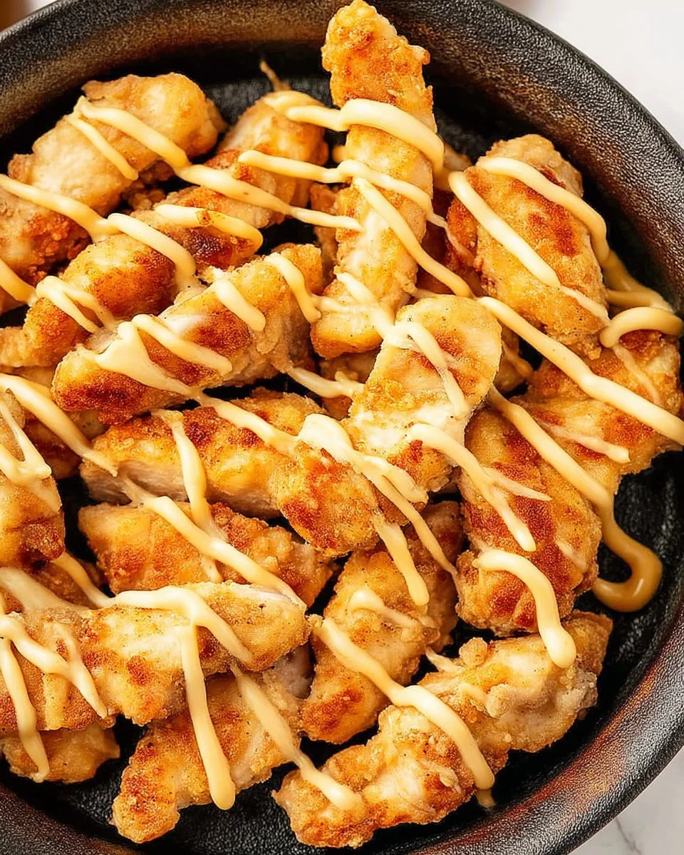 Crispy Chicken Poppers served with dipping sauce on a plate