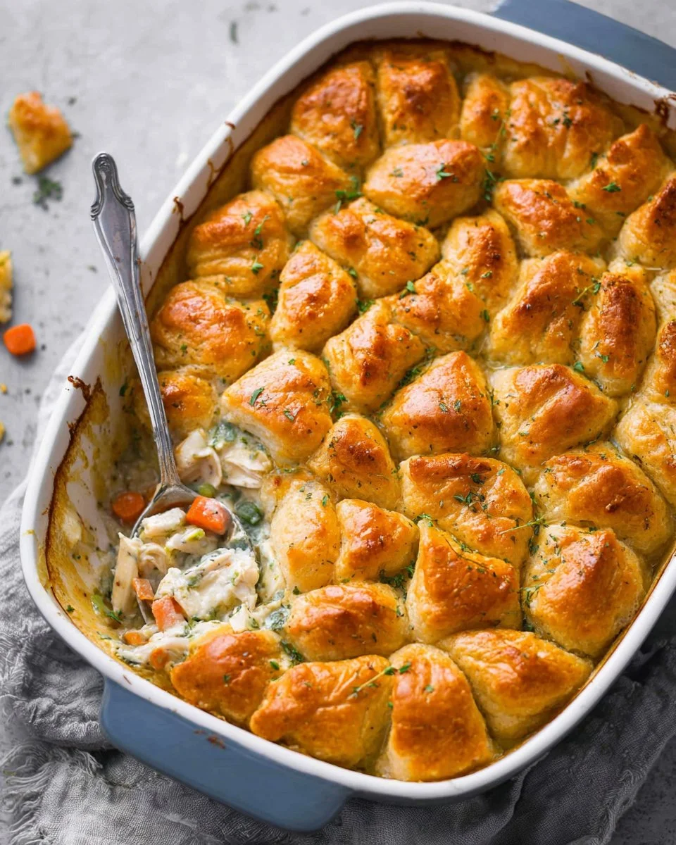 Delicious Chicken Pot Pie Casserole topped with golden crust.