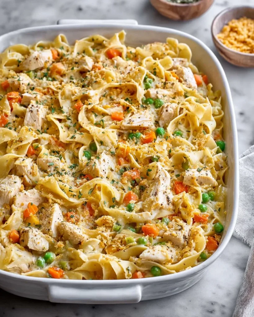 A delicious Chicken Pot Pie Casserole topped with golden crust, served in a bowl.
