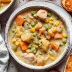 Delicious Chicken Pot Pie Soup served in a bowl with fresh herbs.