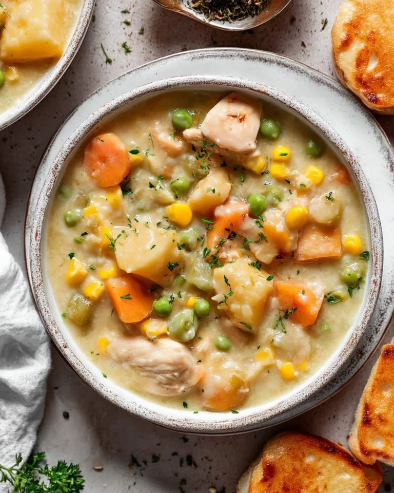 Delicious Chicken Pot Pie Soup served in a bowl with fresh herbs.
