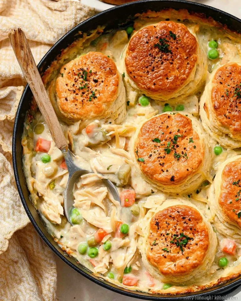 Homemade Chicken Pot Pie topped with Garlic Butter Biscuits, fresh and delicious.