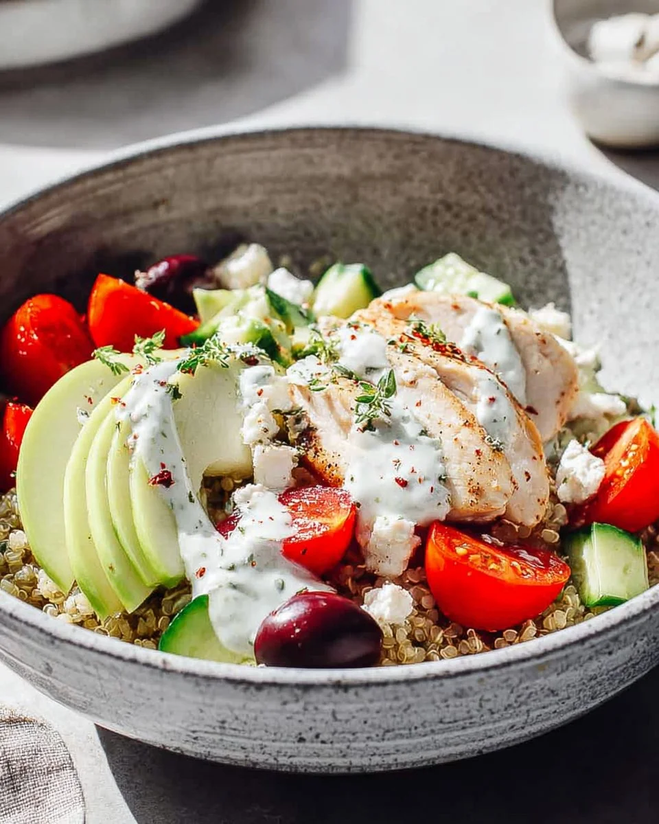 Healthy Chicken Quinoa Bowl with colorful vegetables and garnishes