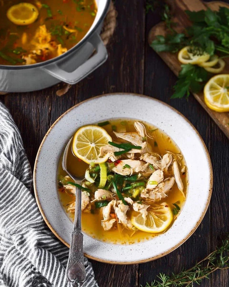 Bowl of homemade chicken soup with herbs and vegetables