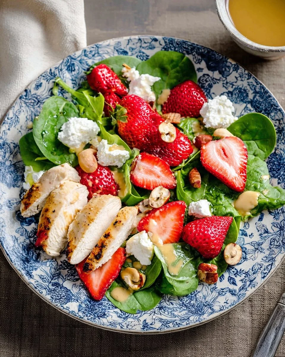 Delicious Chicken Strawberry Salad garnished with Goat Cheese and fresh strawberries.