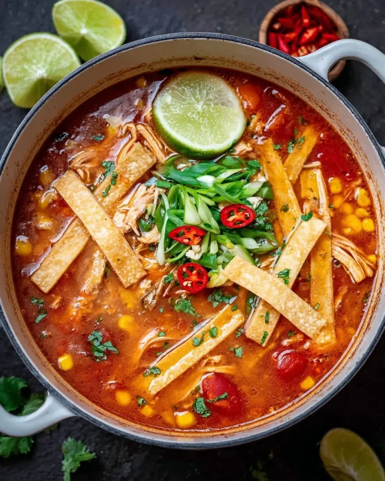 Bowl of Chili Chicken Tortilla Soup with garnishes