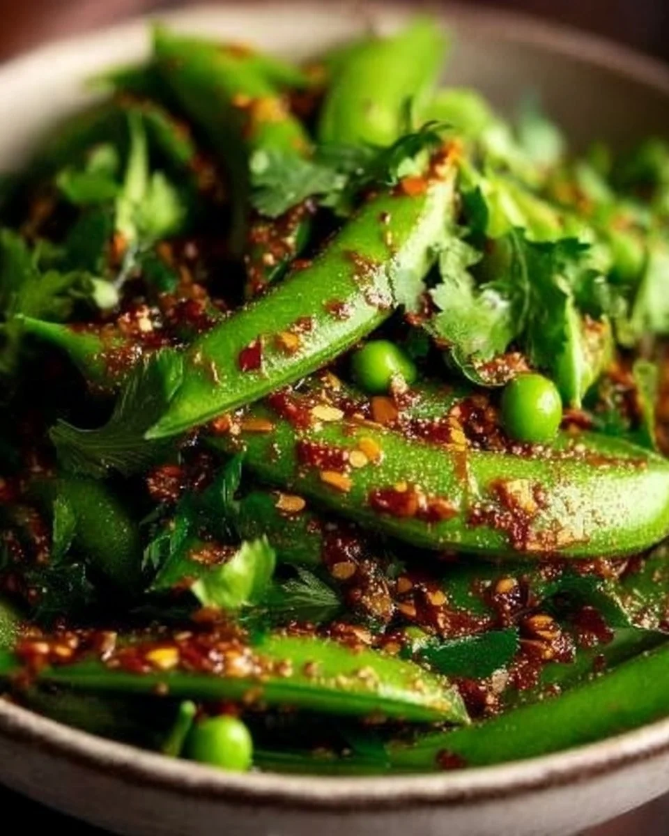 Chili Crisp Snap Pea Salad with vibrant snap peas and flavorful chili crisp.