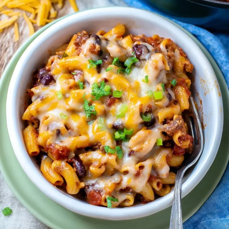 A delicious bowl of Chili Mac and Cheese topped with melted cheese and herbs.