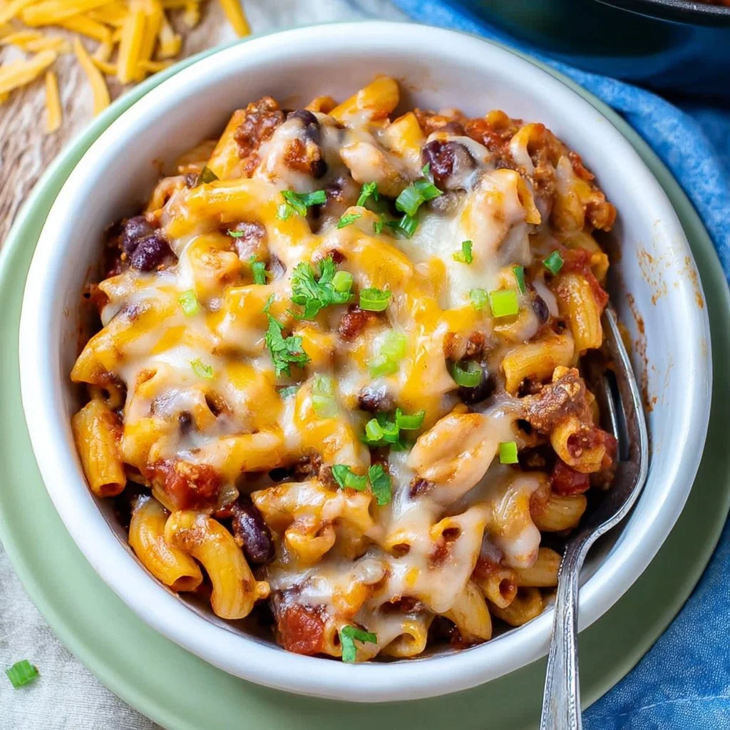 A delicious bowl of Chili Mac and Cheese topped with melted cheese and herbs.