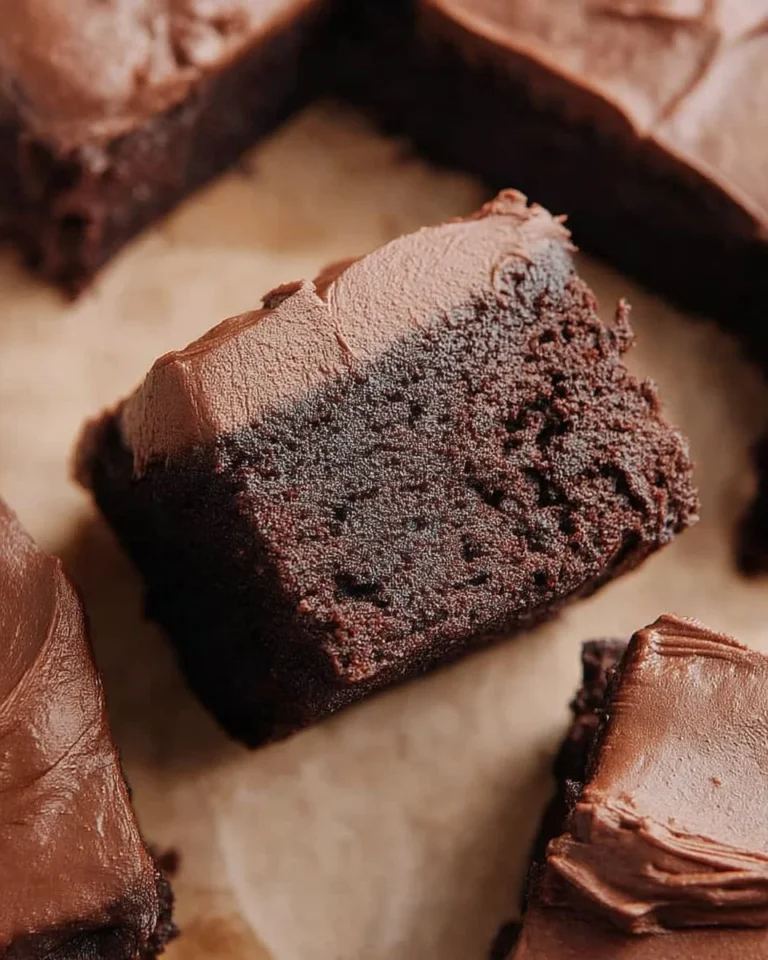 Chocolate brownies topped with creamy cream cheese frosting on a plate