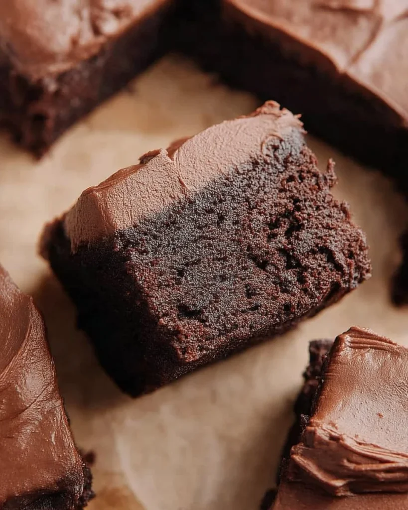Chocolate brownies topped with creamy cream cheese frosting on a plate