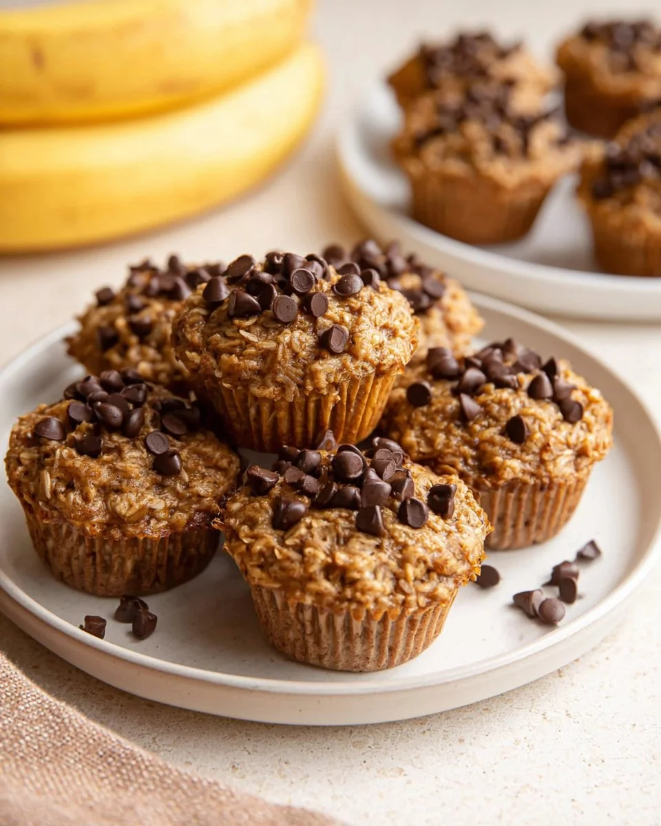 Chocolate chip banana oatmeal muffins baked in a muffin tin, golden and delicious.