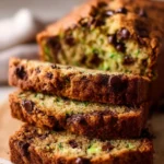 A slice of chocolate chip zucchini bread on a plate, showcasing its moist texture.