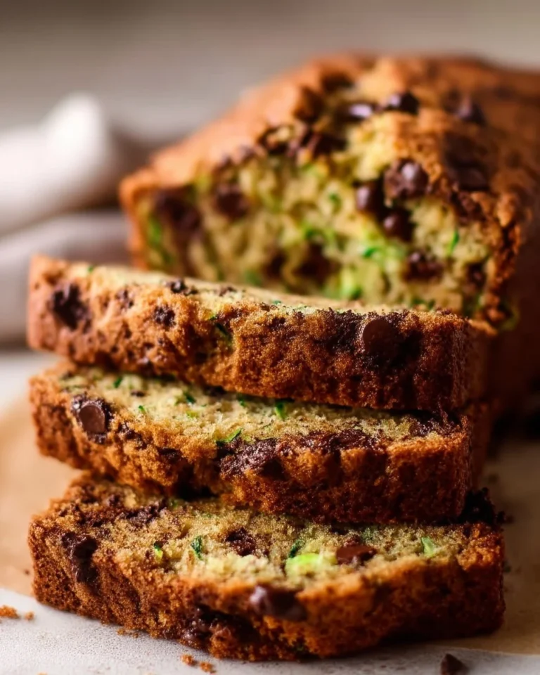 A slice of chocolate chip zucchini bread on a plate, showcasing its moist texture.