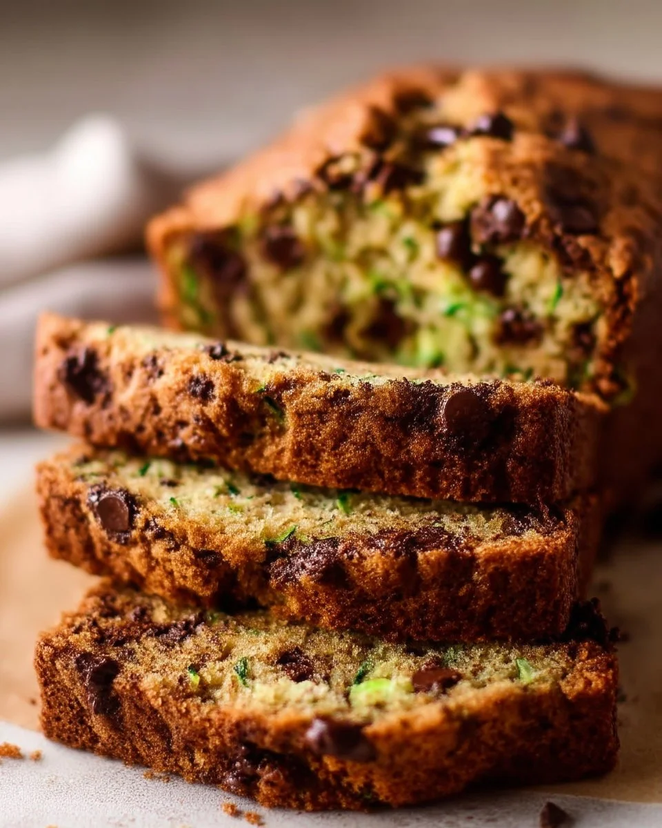 A slice of chocolate chip zucchini bread on a plate, showcasing its moist texture.