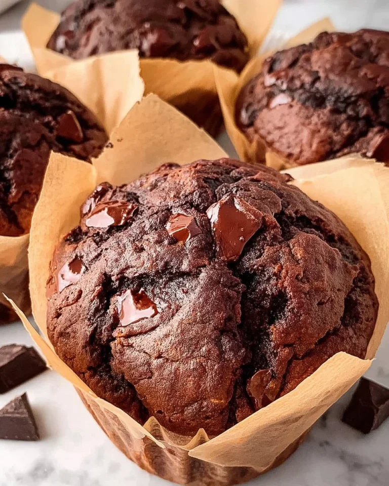 Freshly baked Chocolate Chunk Muffins topped with chunks of chocolate