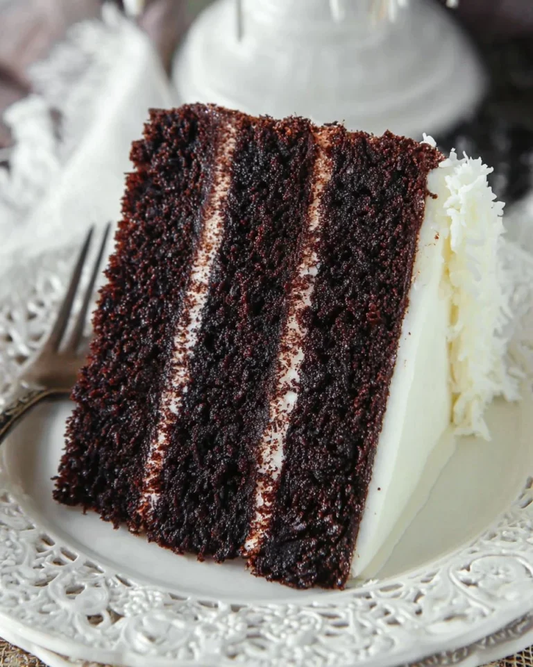 Delicious slice of Chocolate Coconut Cake topped with coconut flakes