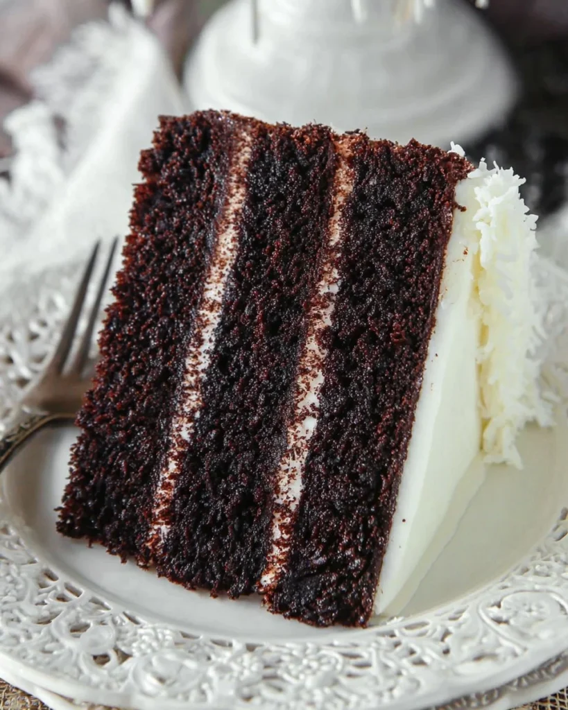 Delicious slice of Chocolate Coconut Cake topped with coconut flakes