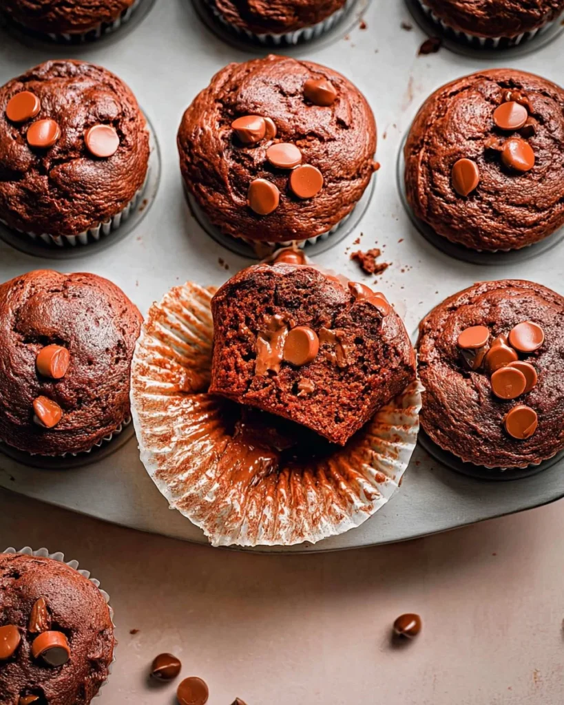 Deliciously baked chocolate muffins on a wooden table