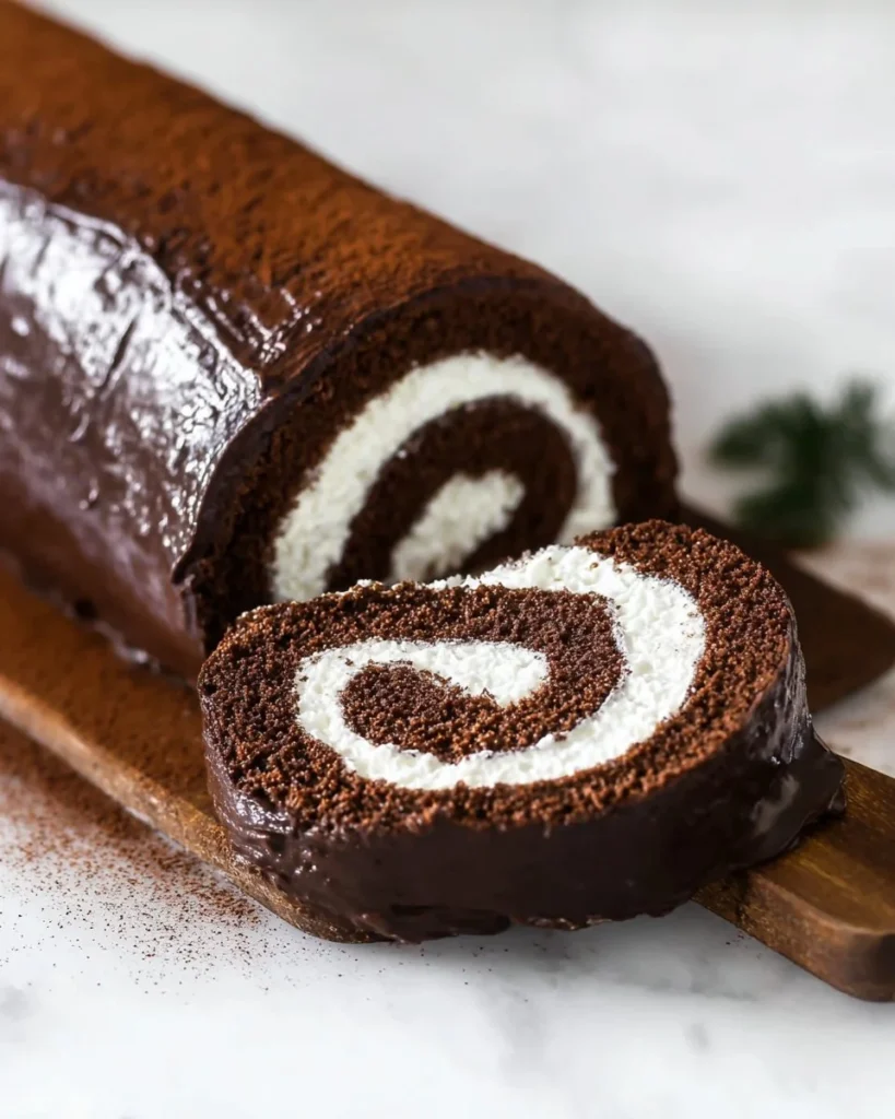 Delicious Chocolate Swiss Roll dessert on a plate with cocoa powder.