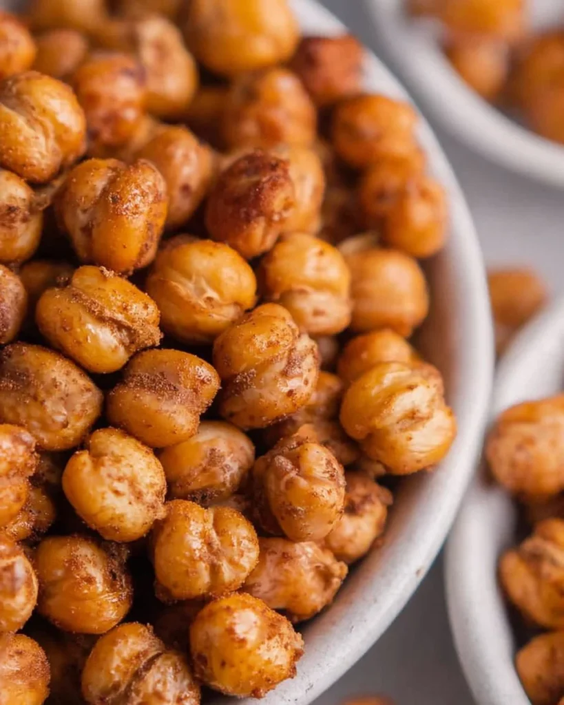 Bowl of cinnamon roasted chickpeas, a healthy crunchy snack option.