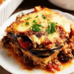 Classic eggplant lasagna served in a rustic dish, showcasing layers of melty cheese and rich sauce.