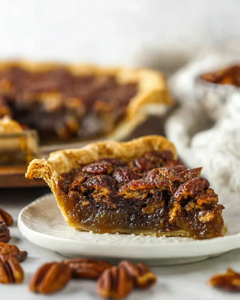 Slice of classic pecan pie topped with pecan halves on a wooden table.