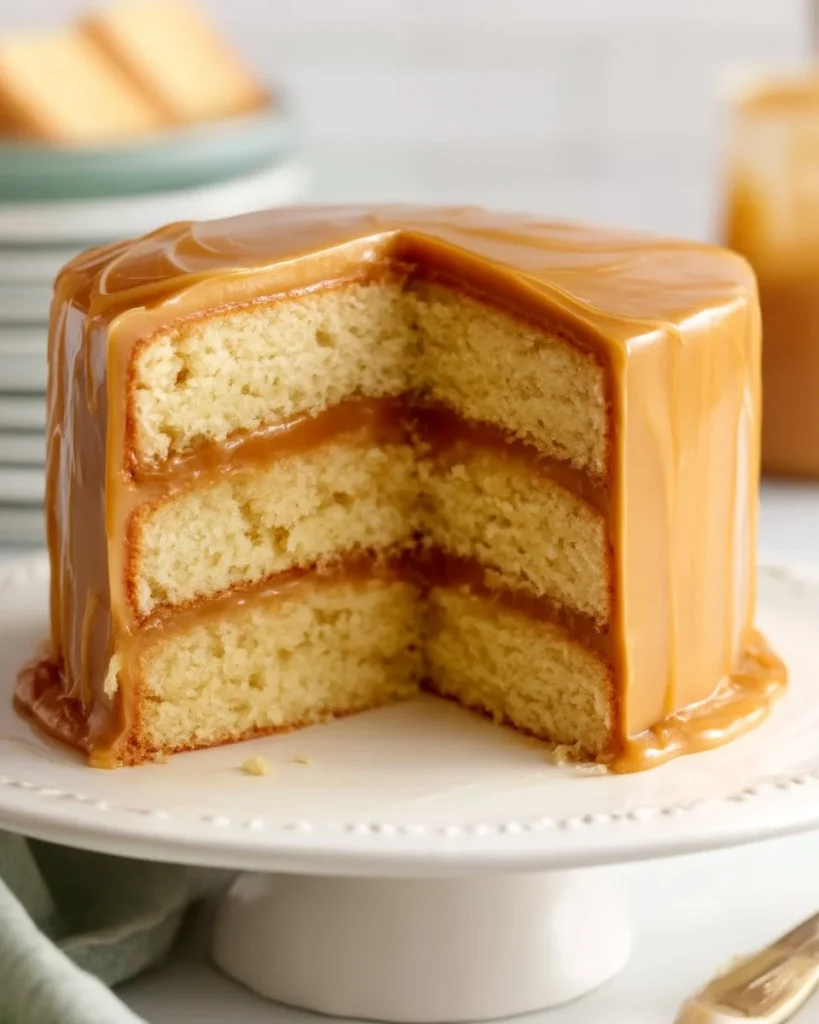 Slice of classic Southern caramel cake with rich frosting and golden layers
